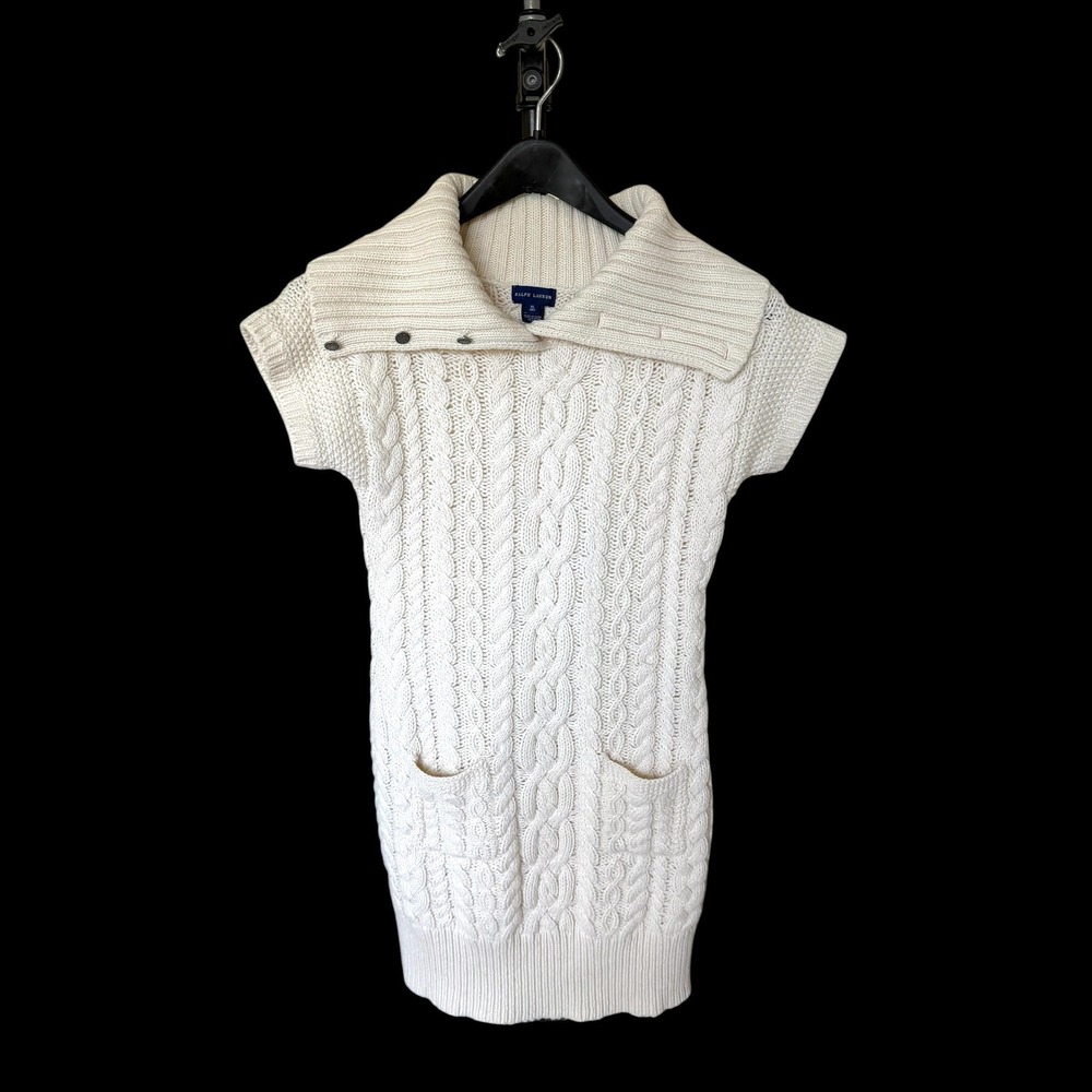 Ralph‎ Lauren Cream Cable Knit Sweater Dress Short Sleeve Button Collar XL 16